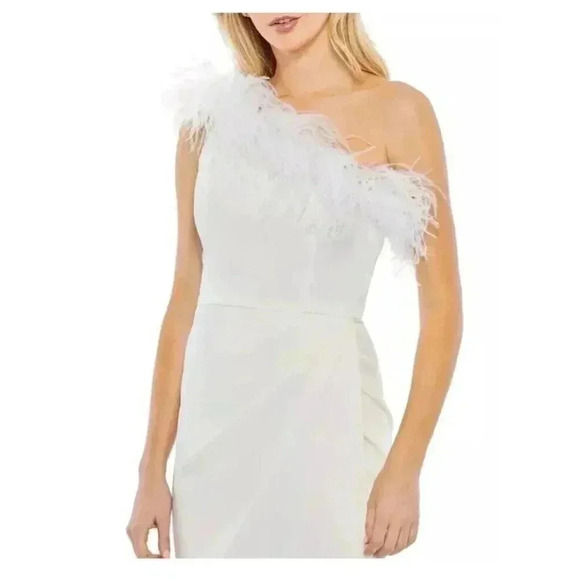 NEW Mac Duggal White Feather Trim One-Shoulder Cocktail Midi Dress Size 12 $298 - Picture 3 of 8